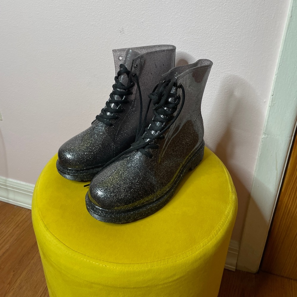 Gray Sparkly Lace Up Rain Boots